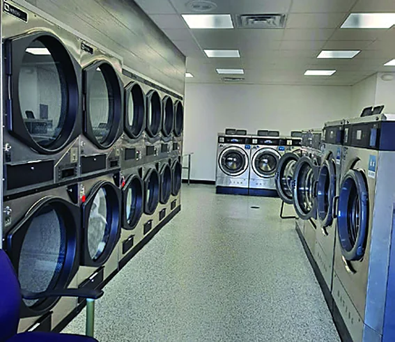 Inside My Laundromat: a long row of stacked dryers